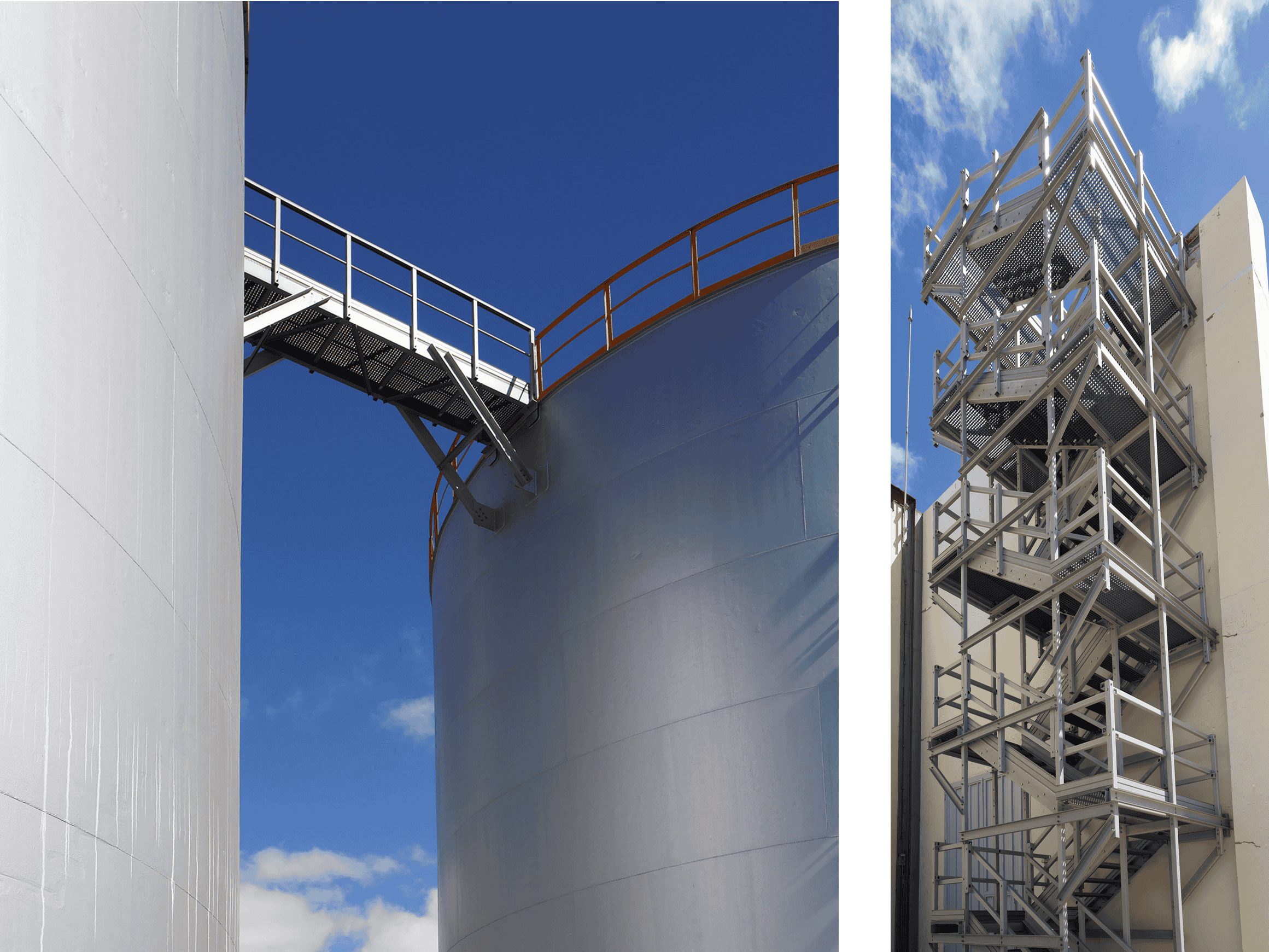 Gran escalera de PRFV sobre un tanque, cruzando 2 tanques, escalera, 5 pisos en una planta industrial en Tenerife