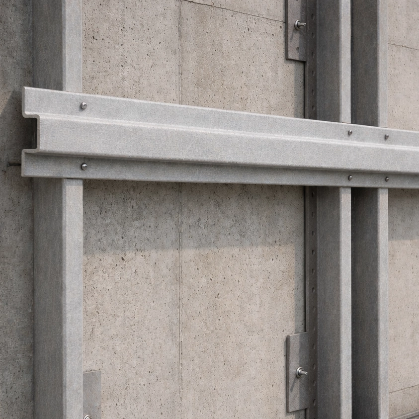 GFK-Hutprofil als Fassadenunterkonstruktion an Betonwand