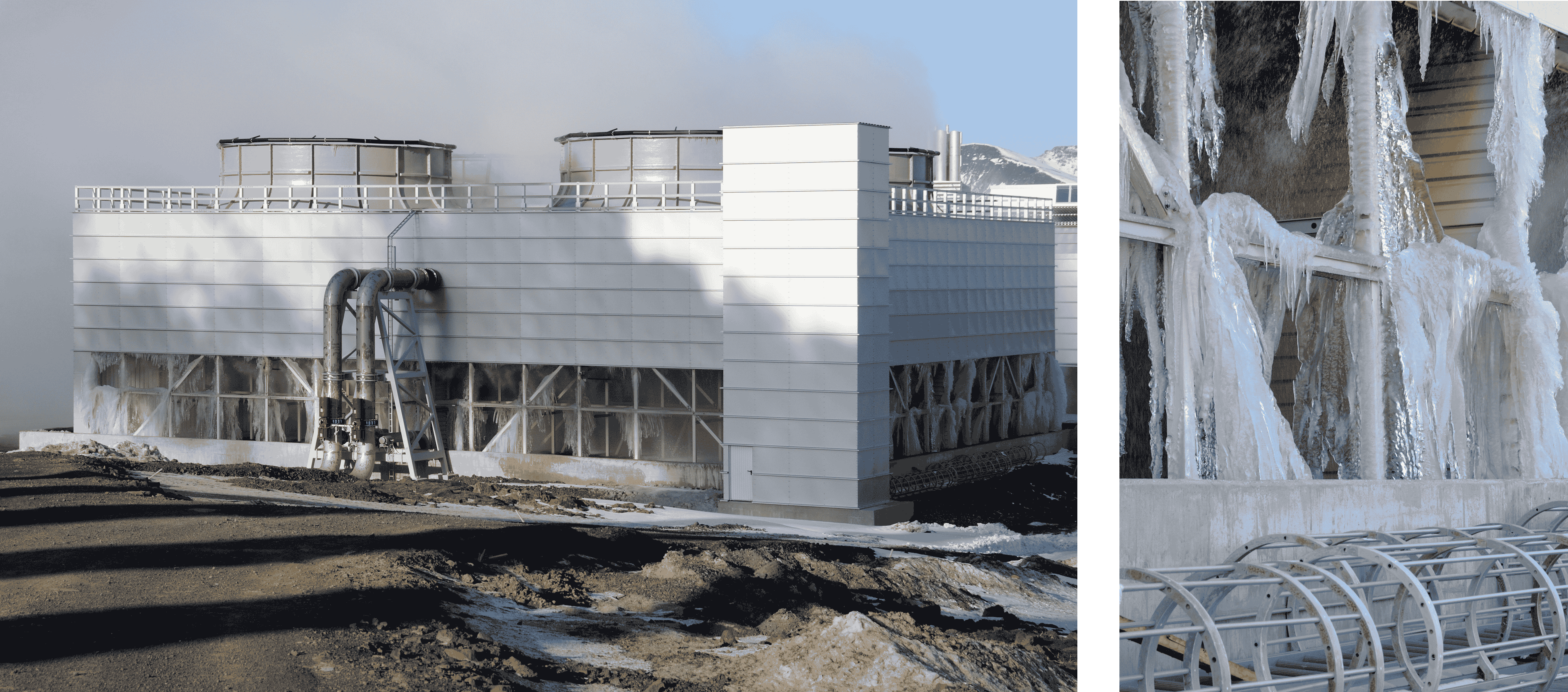 auf der Hochebene Hellisheidi  im Südwesten Islands Treppenturm und Leitern vor der Montage