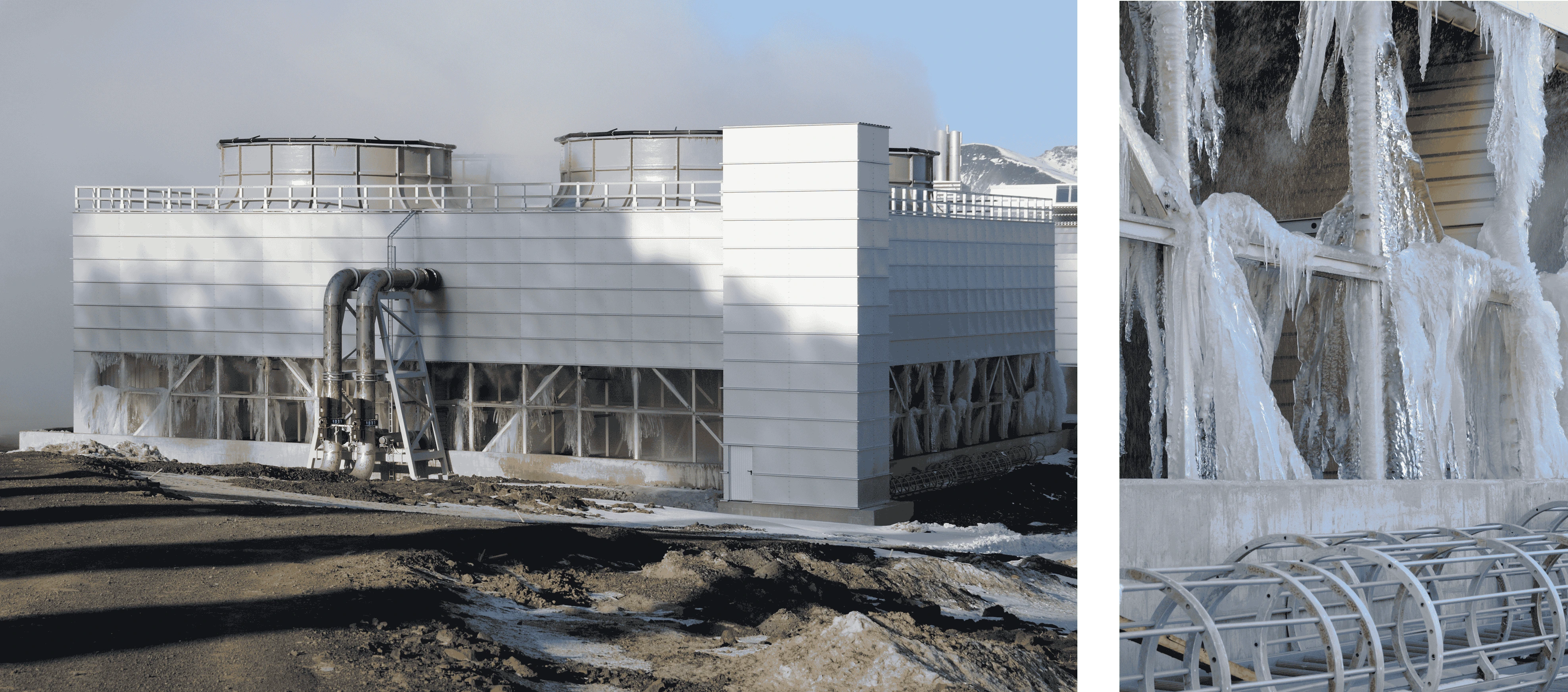 auf der Hochebene Hellisheidi  im Südwesten Islands Treppenturm und Leitern vor der Montage